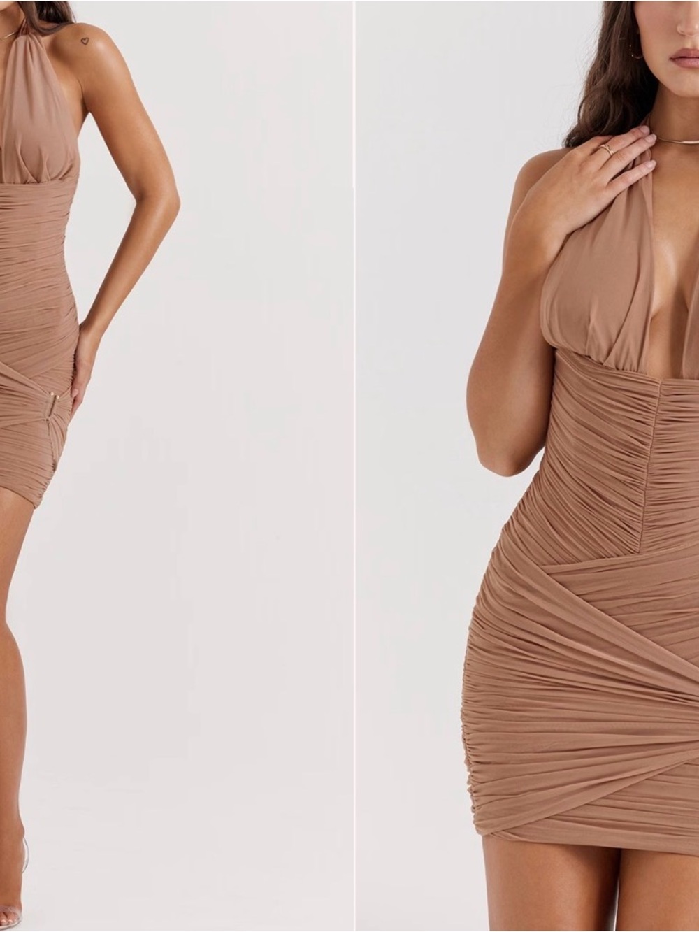 House of CB “Laetitia” Ruched Halter Mini Dress in Beige